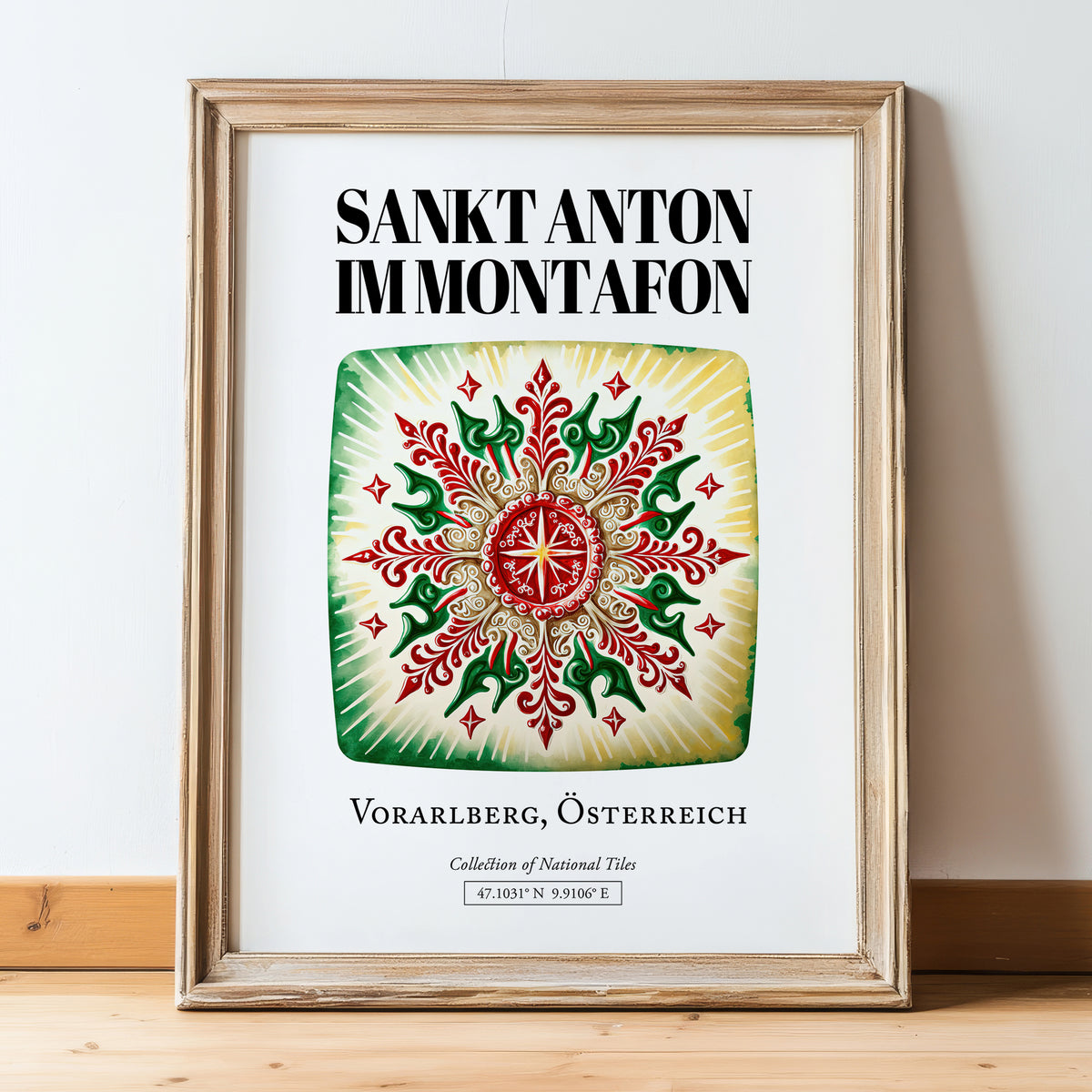 Sankt Anton Im Montafon, Austria – World Travel Art, in wooden frame leaning on the floor