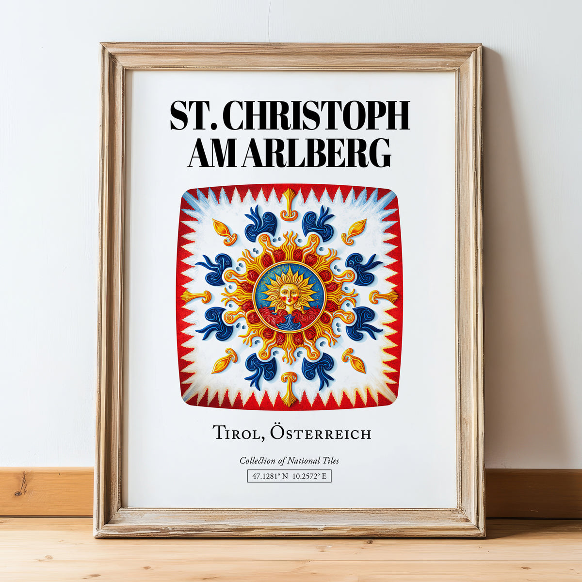 St. Christoph Am Arlberg, Austria – Architectural Travel Art, in wooden frame leaning on the floor
