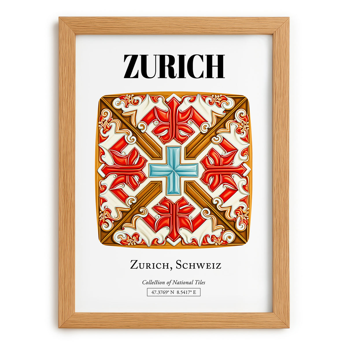 Zurich, Switzerland – Vintage Travel Poster, set in oak frame