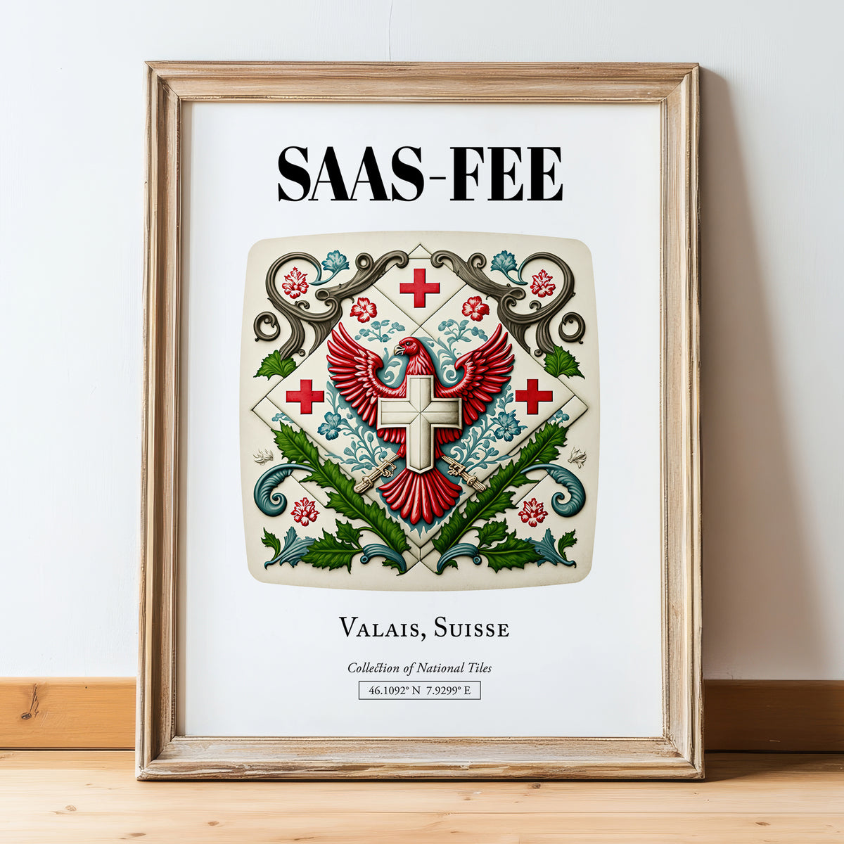 Saas-fee, Switzerland – Travel Print, in wooden frame leaning on the floor
