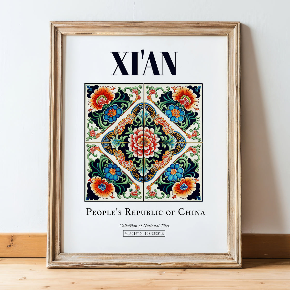 Xi'an, China – Travel Poster, in wooden frame leaning on the floor