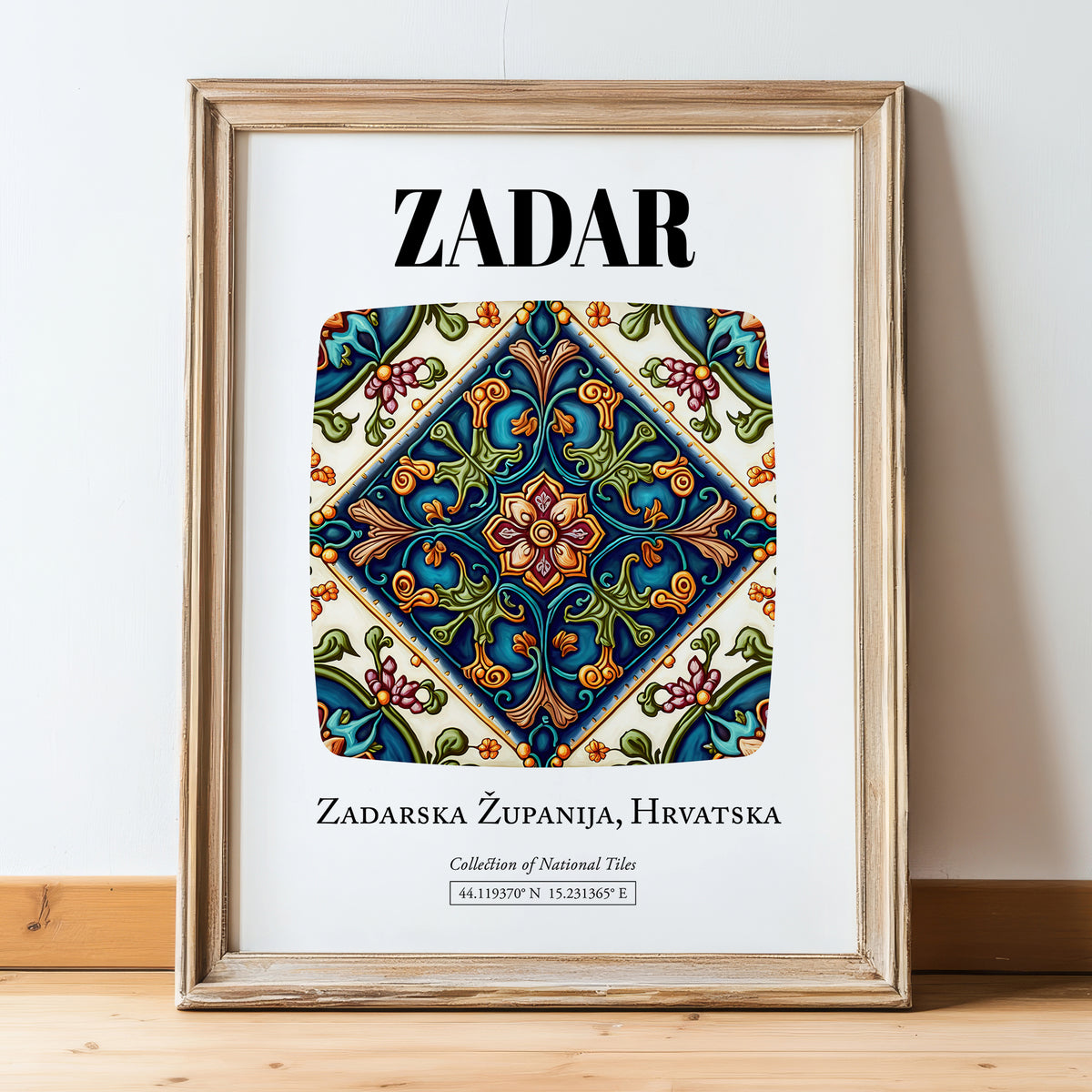 Zadar, Croatia – Minimalist Travel Print, in wooden frame leaning on the floor