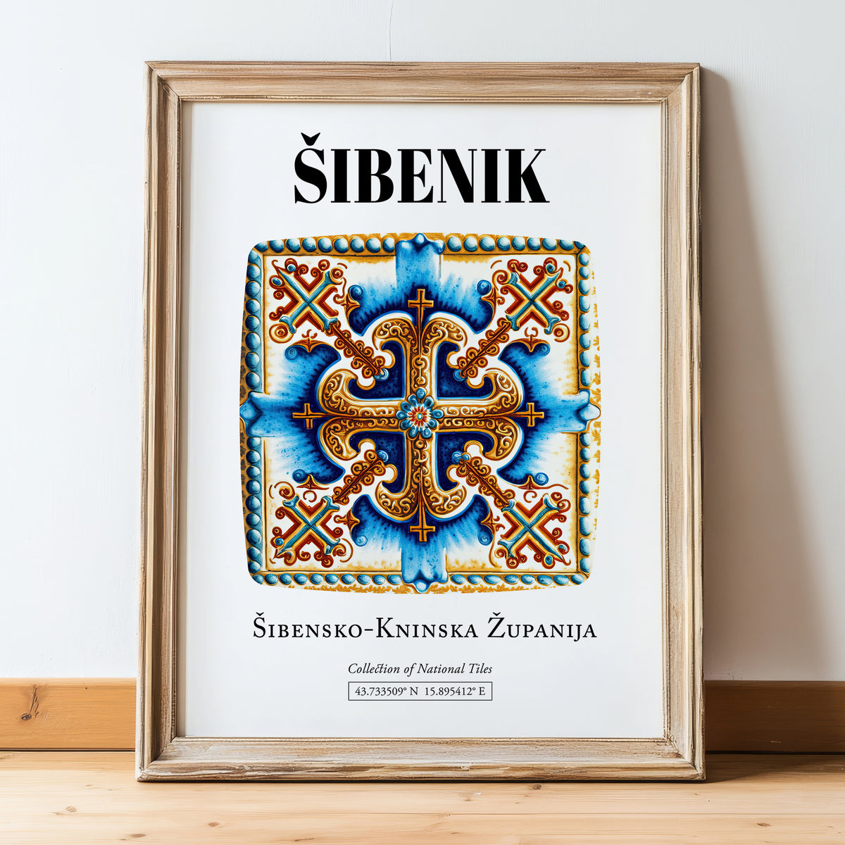 Šibenik, Croatia – Travel Print, in wooden frame leaning on the floor