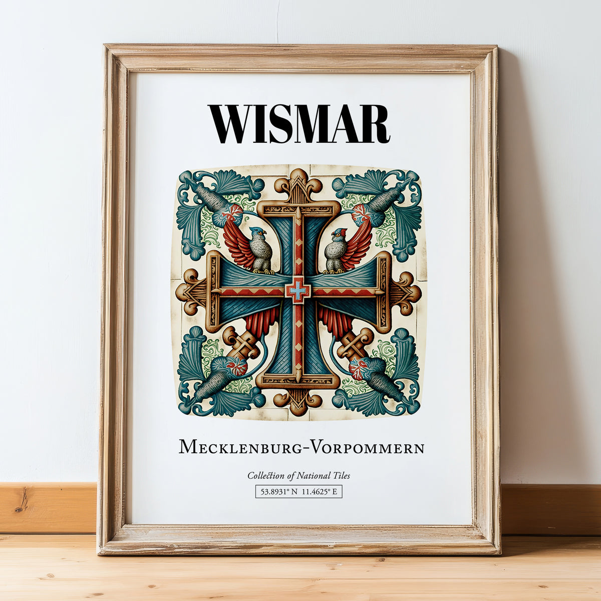 Wismar, Germany – Travel Poster, in wooden frame leaning on the floor