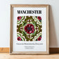 Manchester, England – Illustrated Travel Poster, in wooden frame leaning on the floor
