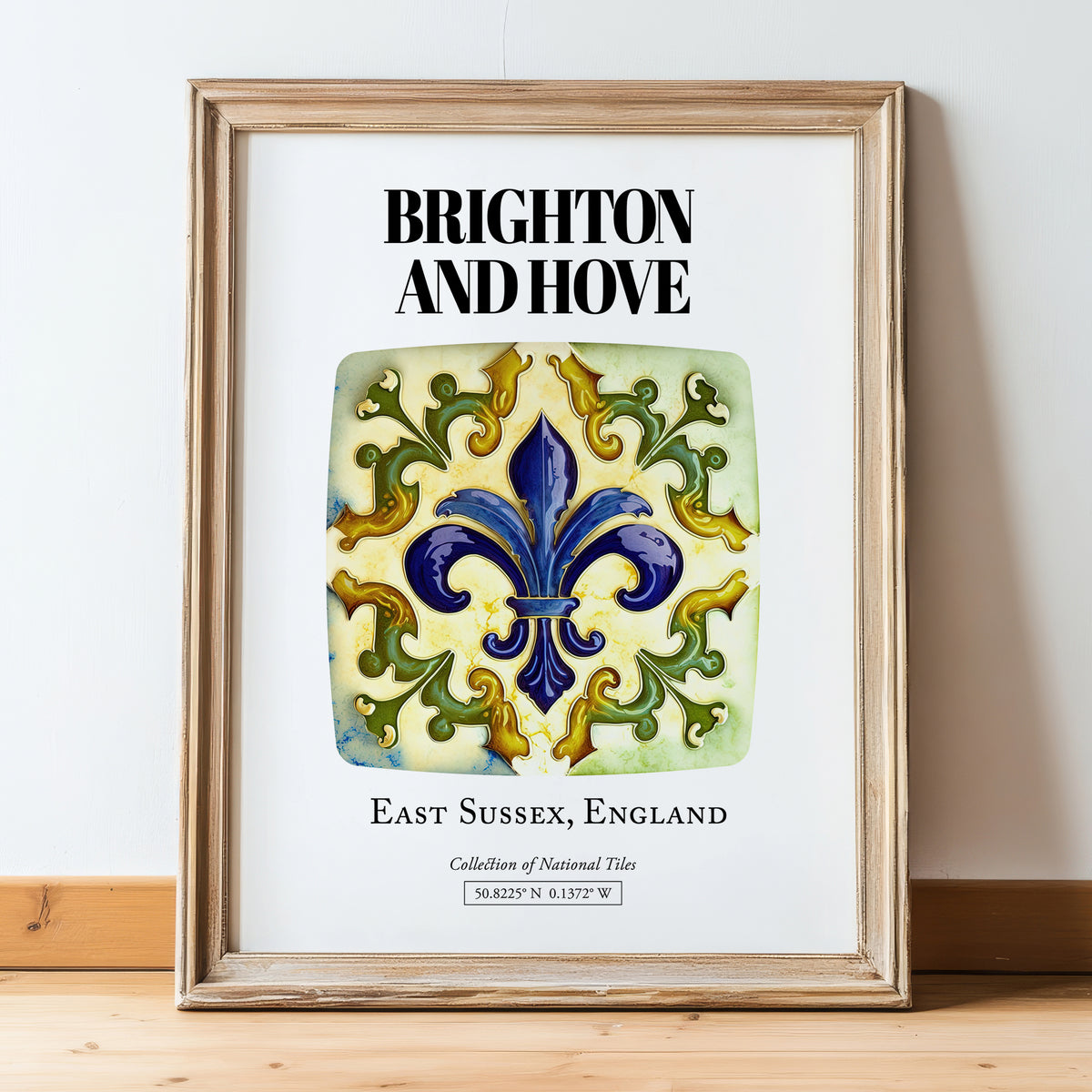 Brighton And Hove, England – Travel Poster, in wooden frame leaning on the floor