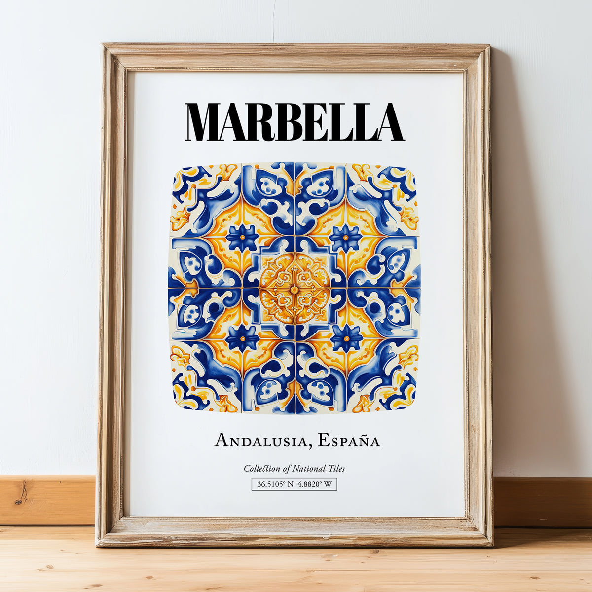 Marbella, Spain – Away From Home Poster, in wooden frame leaning on the floor