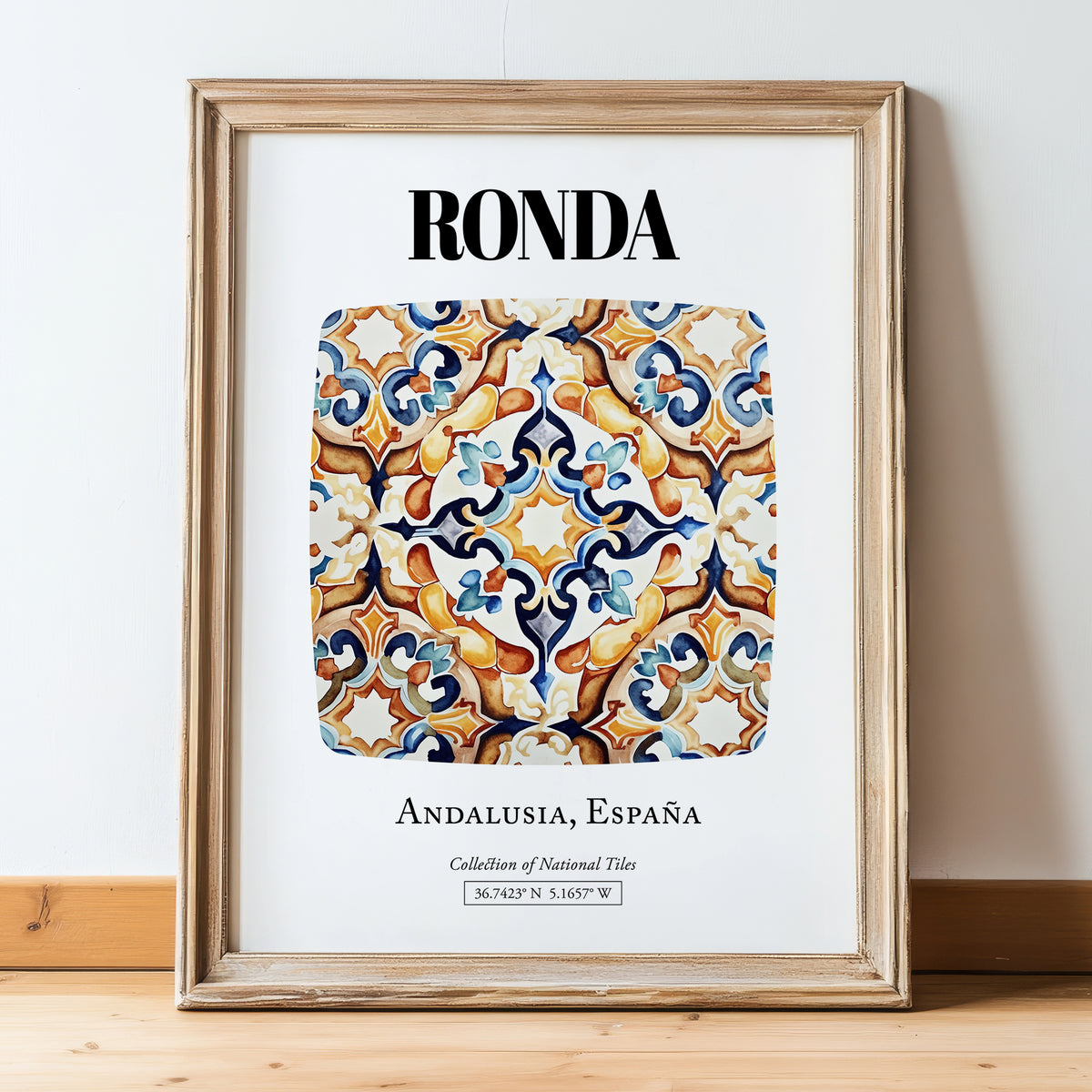 Ronda, Spain – World Heritage Travel Poster, in wooden frame leaning on the floor