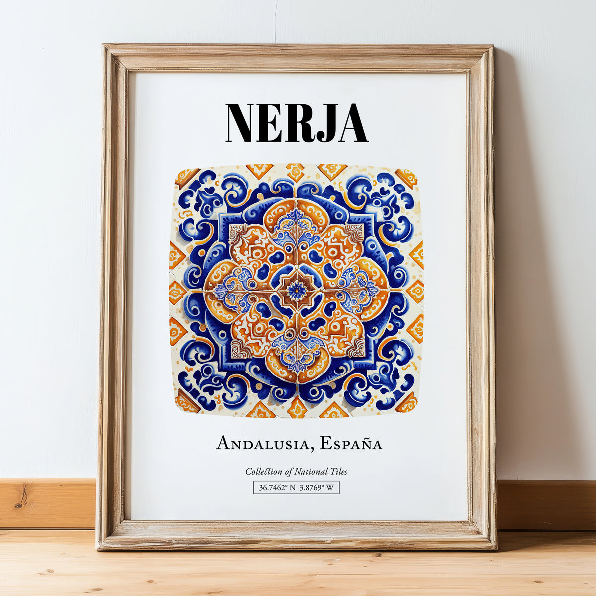 Nerja, Spain – Tourist Destination Poster, in wooden frame leaning on the floor