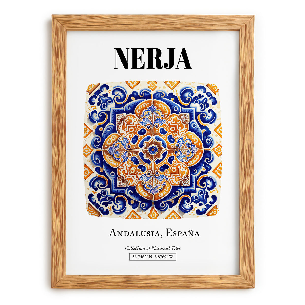 Nerja, Spain – Tourist Destination Poster, set in oak frame