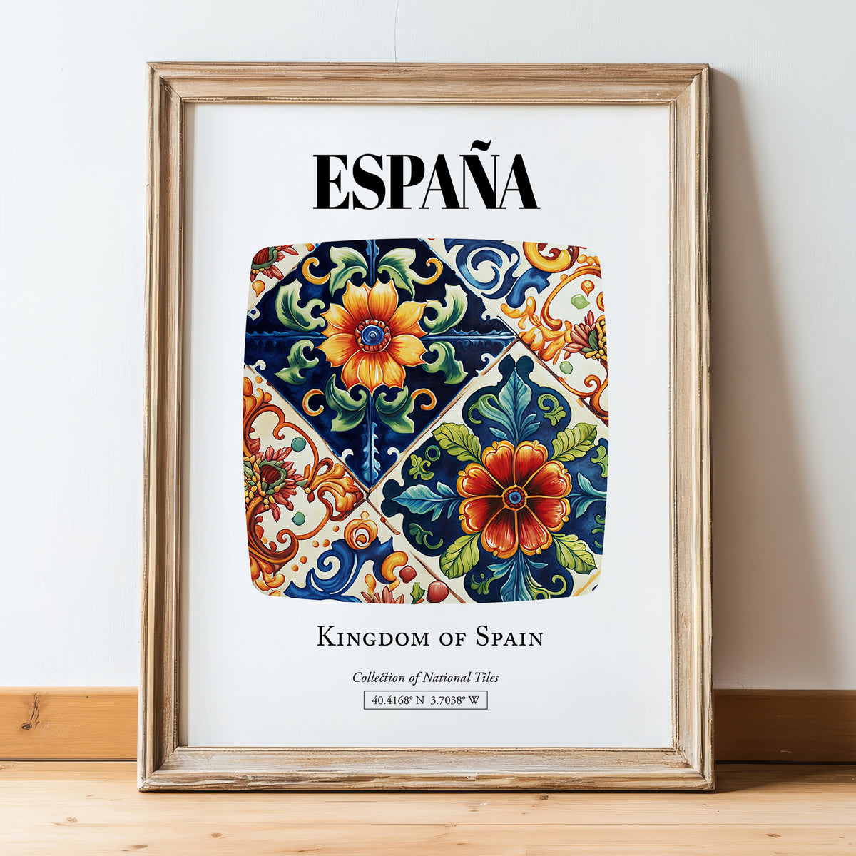 España, Spain – Travel Wall Art, in wooden frame leaning on the floor