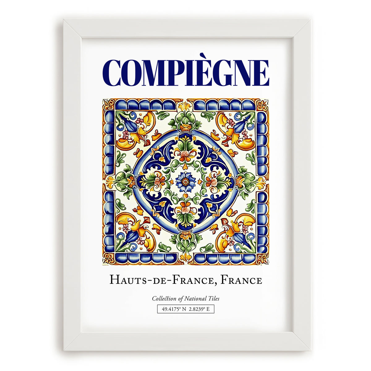 Compiègne, France – Vintage Travel Poster, placed in minimal white frame