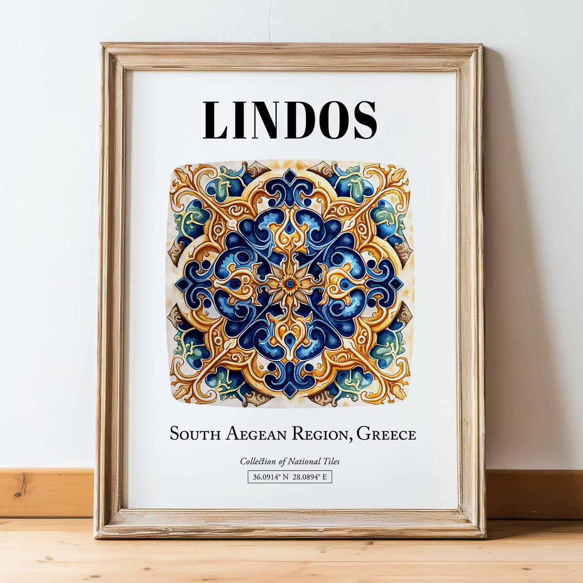 Lindos, Greece – Travel Wall Decor, in wooden frame leaning on the floor
