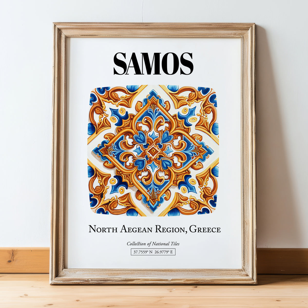 Samos, Greece – Country Culture Poster, in wooden frame leaning on the floor
