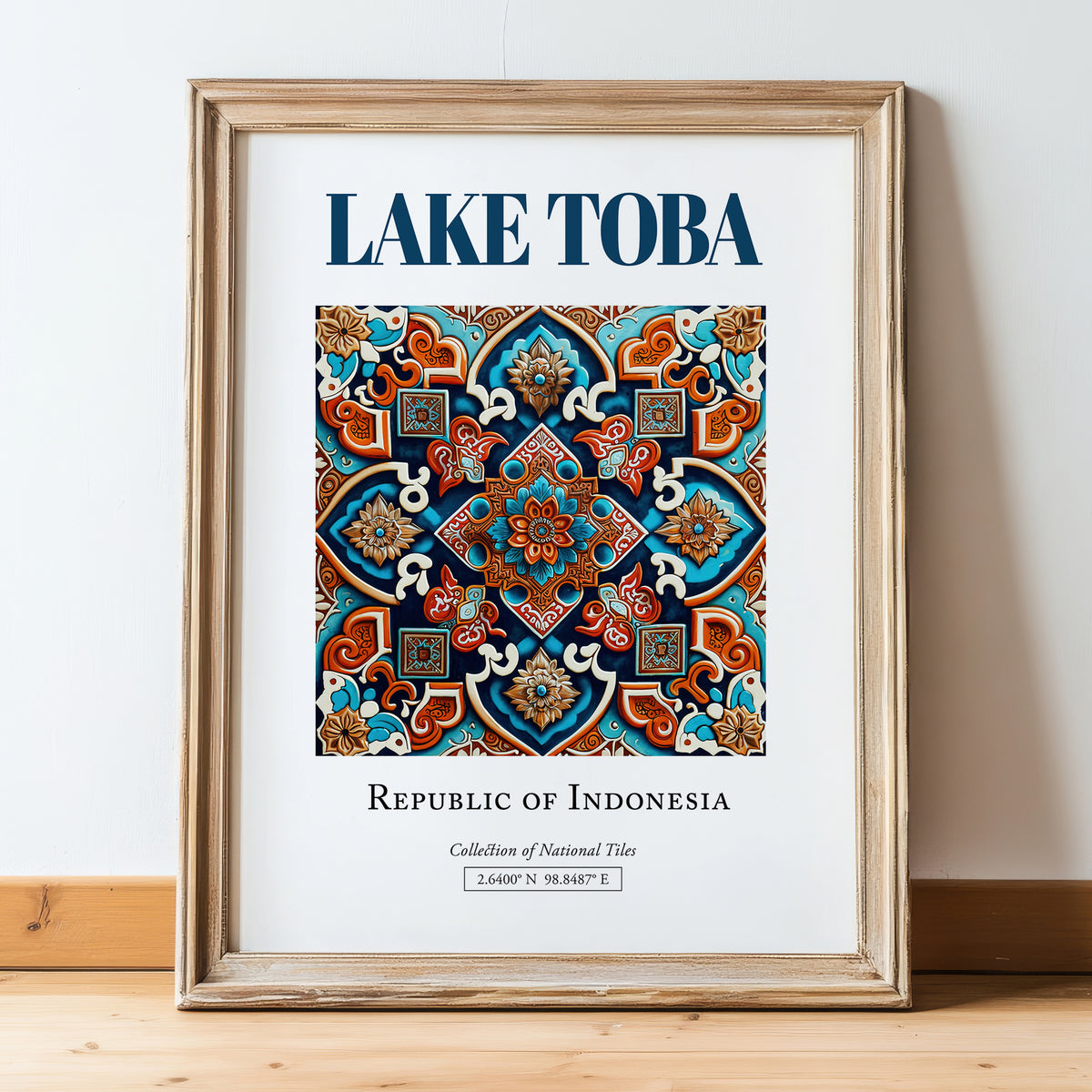 Lake Toba, Indonesia – Travel Poster, in wooden frame leaning on the floor