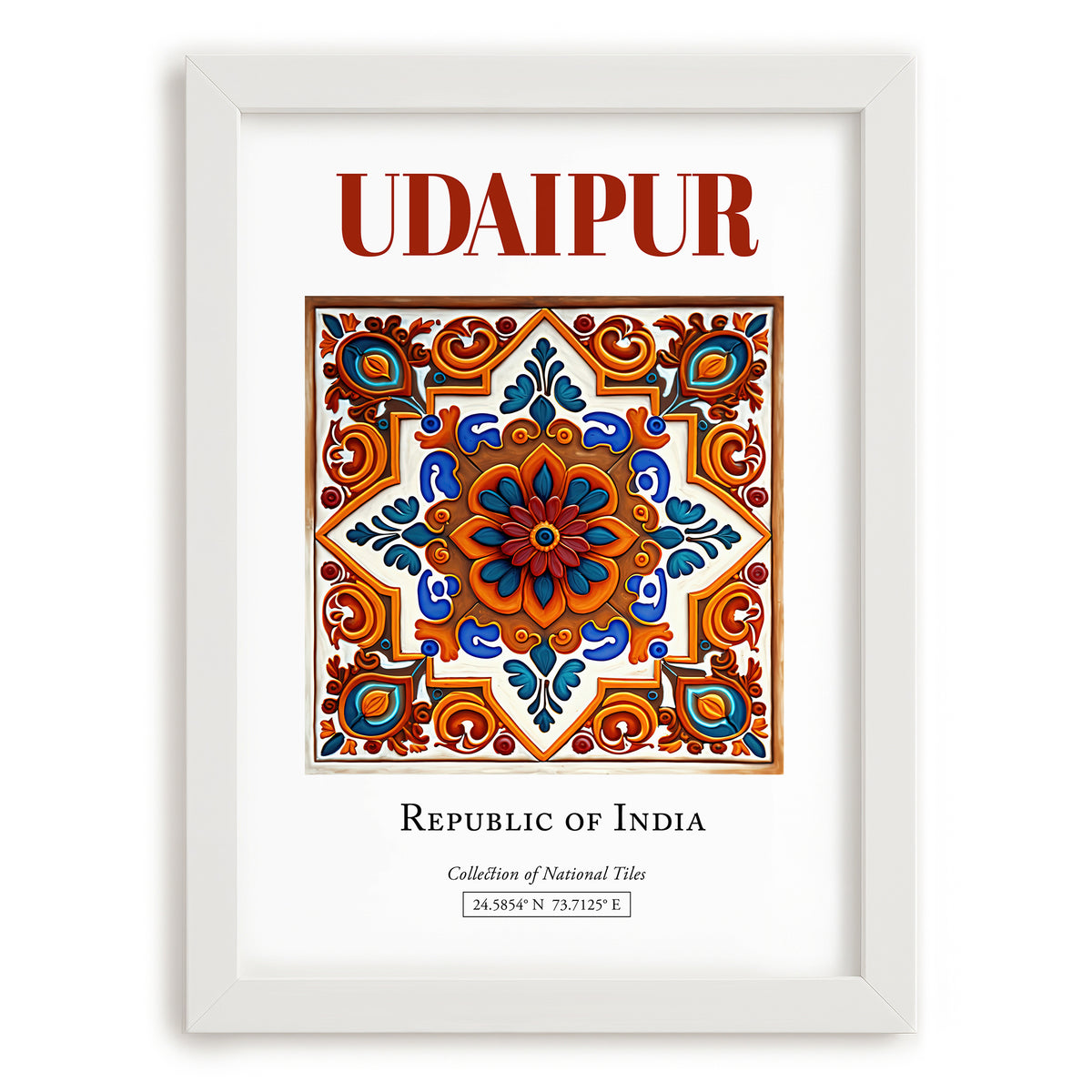 Udaipur, India – Travel Poster, placed in minimal white frame