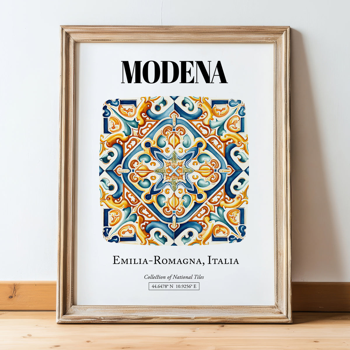 Modena, Italy – Travel Poster, in wooden frame leaning on the floor