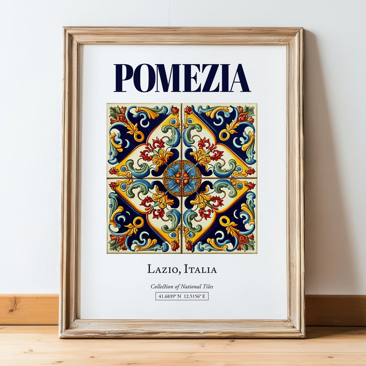 Pomezia, Italy – Illustrated Travel Poster, in wooden frame leaning on the floor