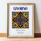 Livorno, Italy – World Heritage Travel Poster, in wooden frame leaning on the floor