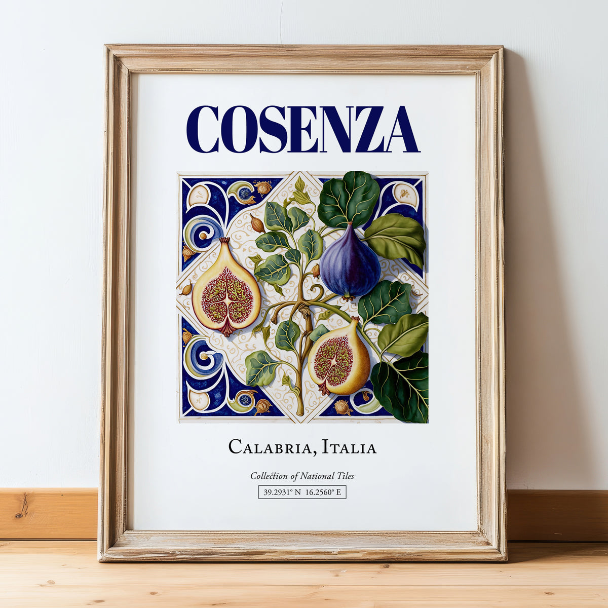 Cosenza, Italy – Travel Poster, in wooden frame leaning on the floor