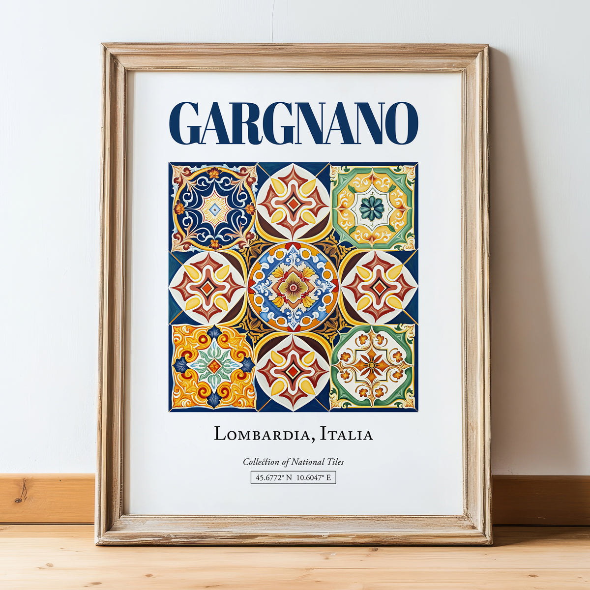 Gargnano, Italy – Travel Poster, in wooden frame leaning on the floor
