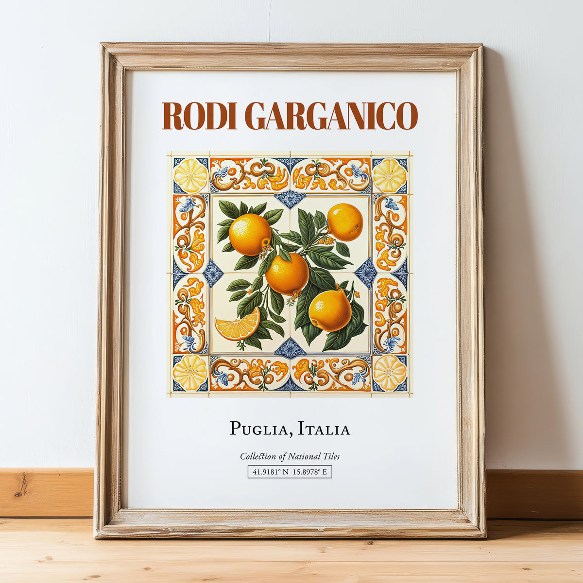Rodi Garganico, Italy – Architectural Travel Art, in wooden frame leaning on the floor