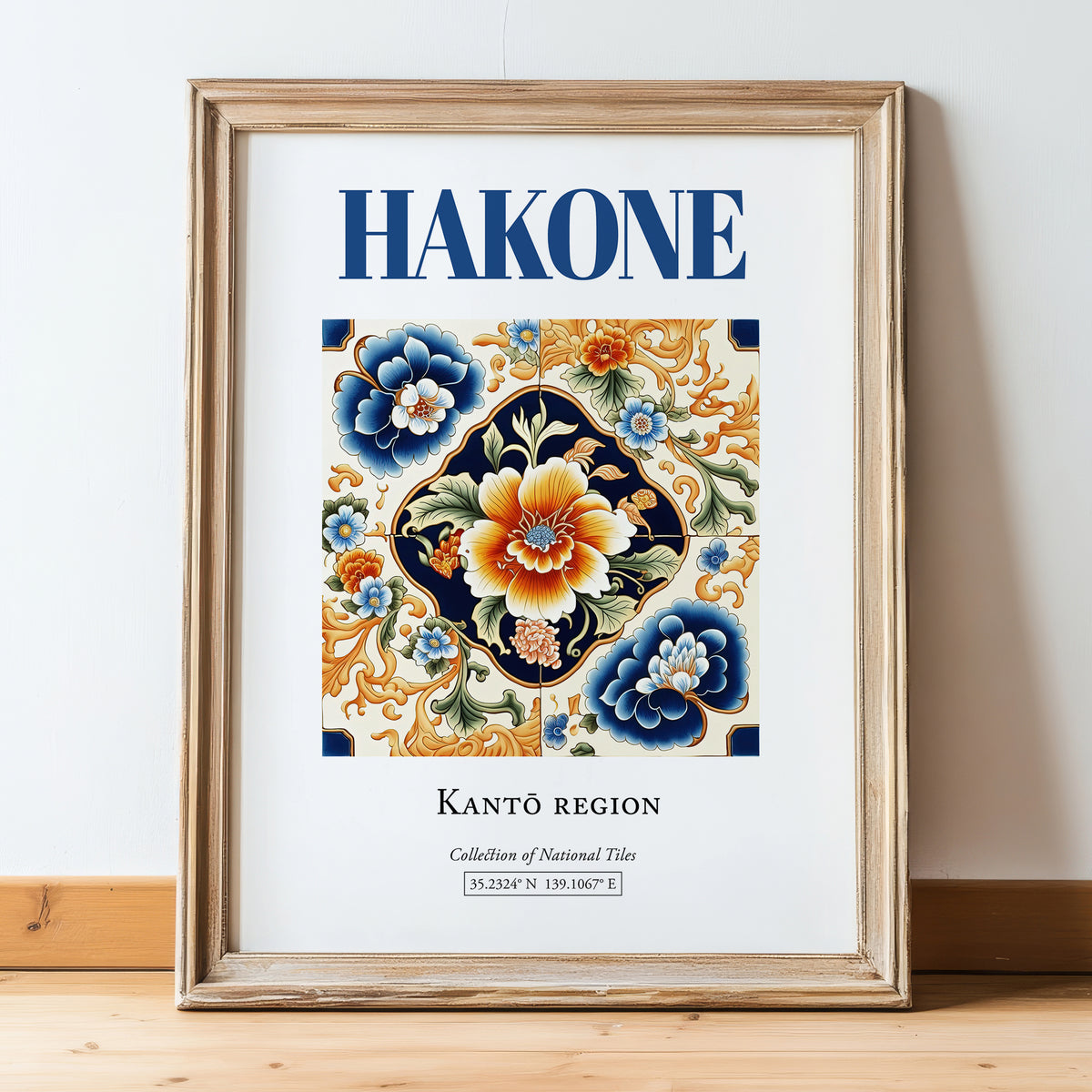 Hakone, Japan – Travel Poster, in wooden frame leaning on the floor