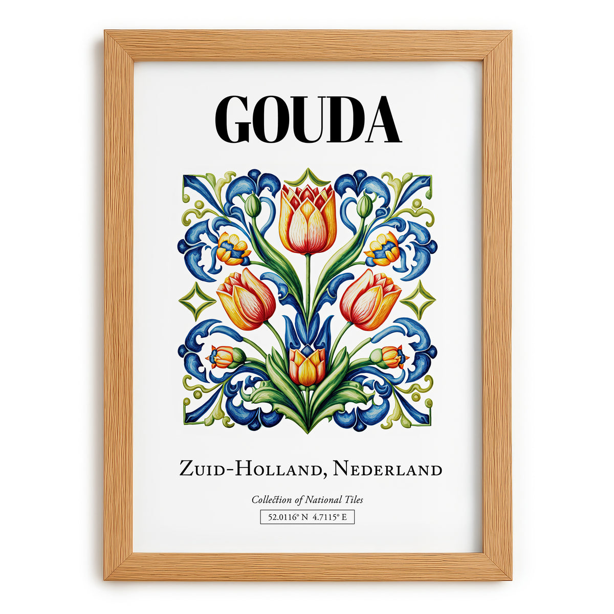 Gouda, Netherlands – Illustrated Travel Poster, set in oak frame