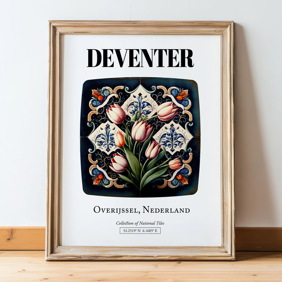 Deventer, Netherlands – Wanderlust-Inspired Poster, in wooden frame leaning on the floor