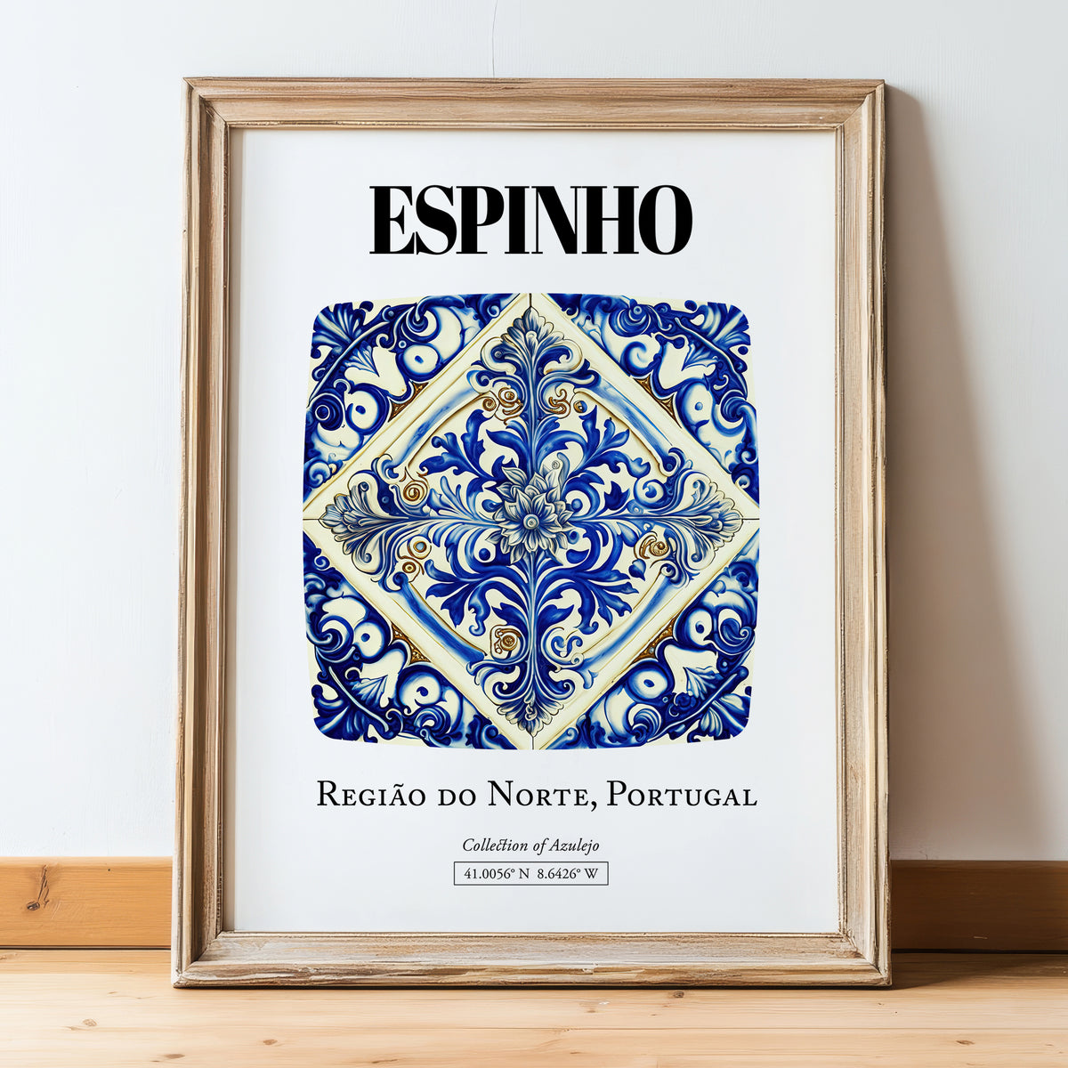 Espinho, Portugal – Minimalist Travel Print, in wooden frame leaning on the floor