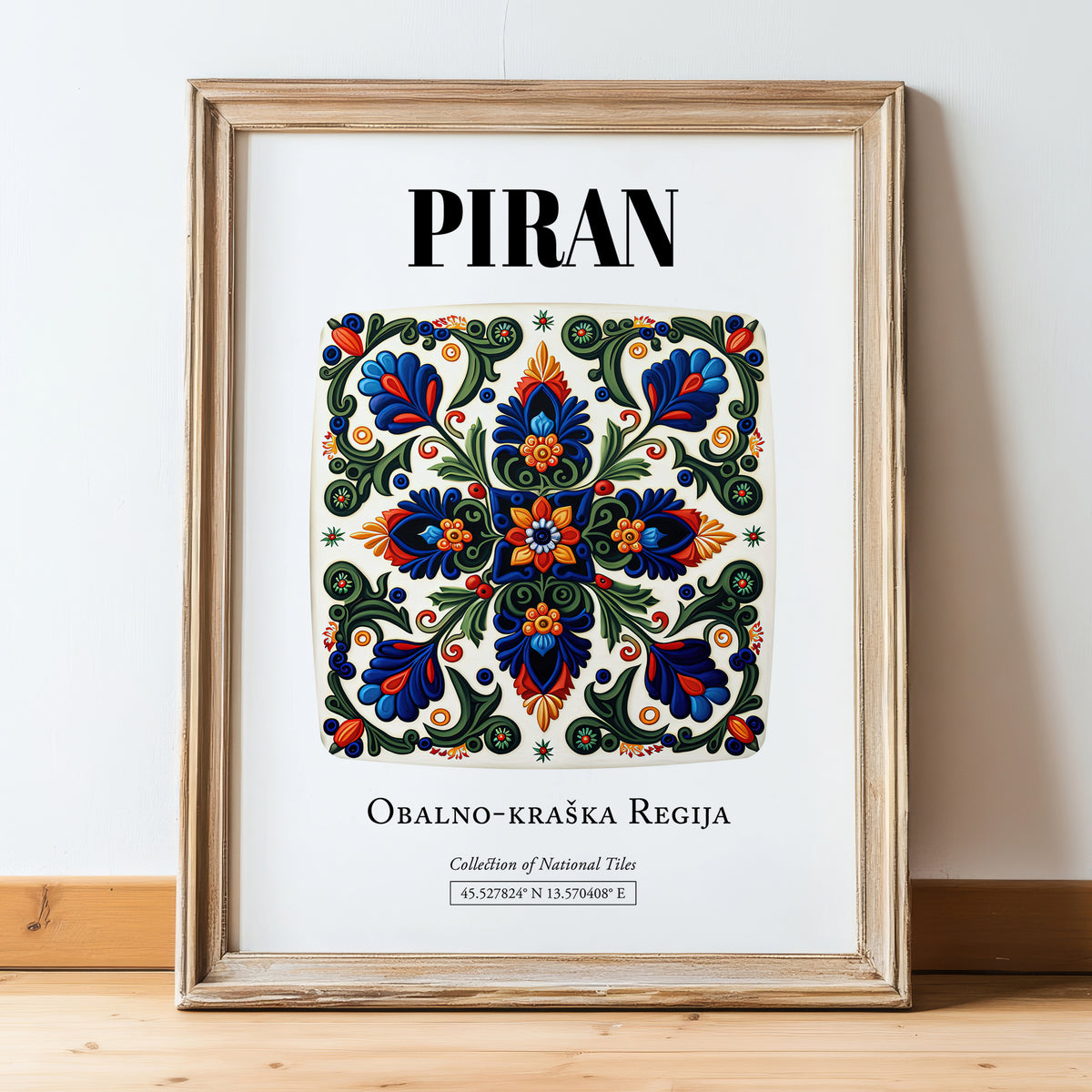 Piran, Slovenia – Travel Poster, in wooden frame leaning on the floor