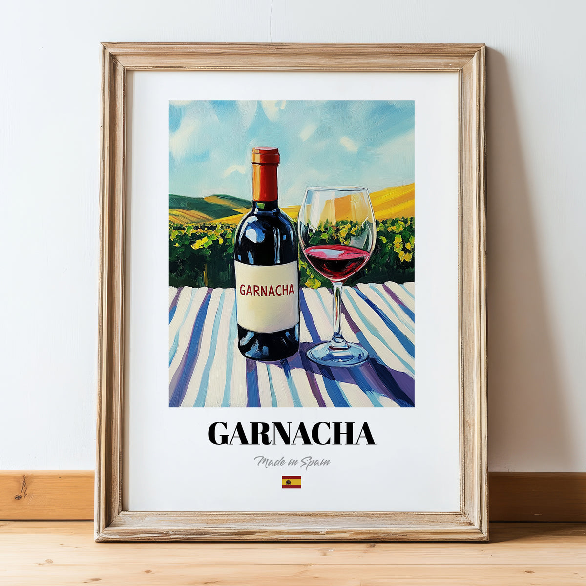 Garnacha – Spanish Red Wine, Bodega Wall Art, in wooden frame leaning on the floor