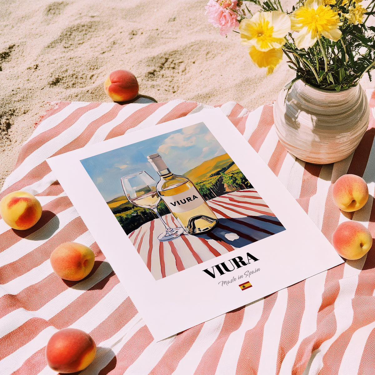 Viura – Spanish White Wine, Vinoteca Illustration, unframed on coastal sand