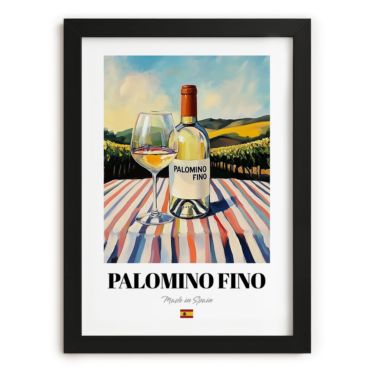 Palomino Fino – Spanish White Wine, Wine Bar Print, in sleek black frame