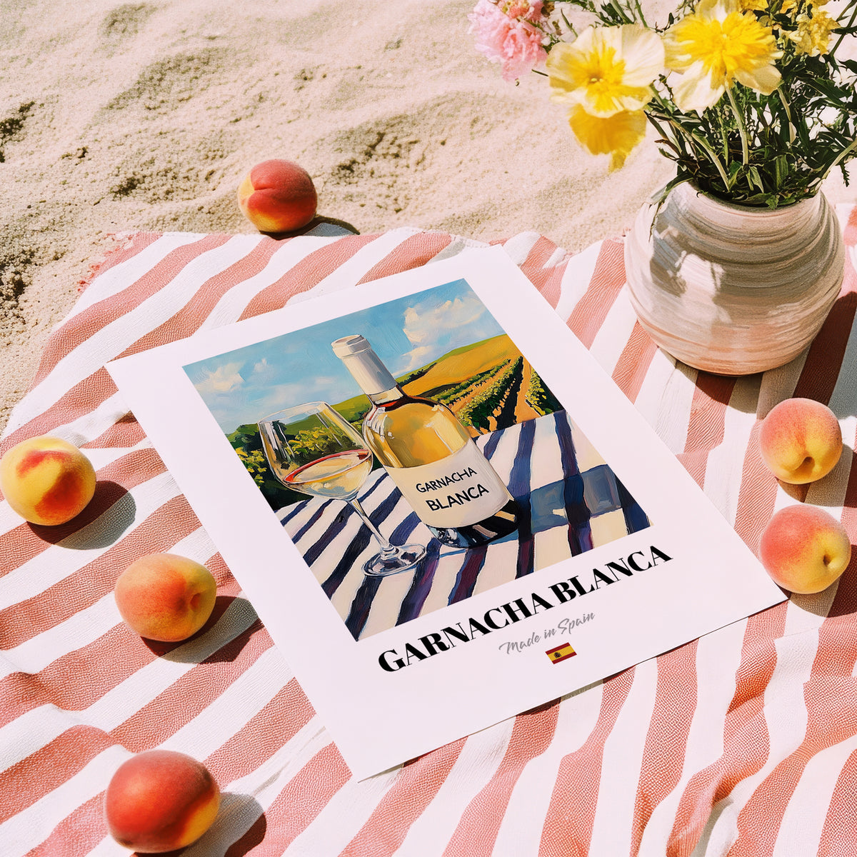 Garnacha Blanca – Spanish White Wine, Wine Bar Wall Art, unframed on coastal sand