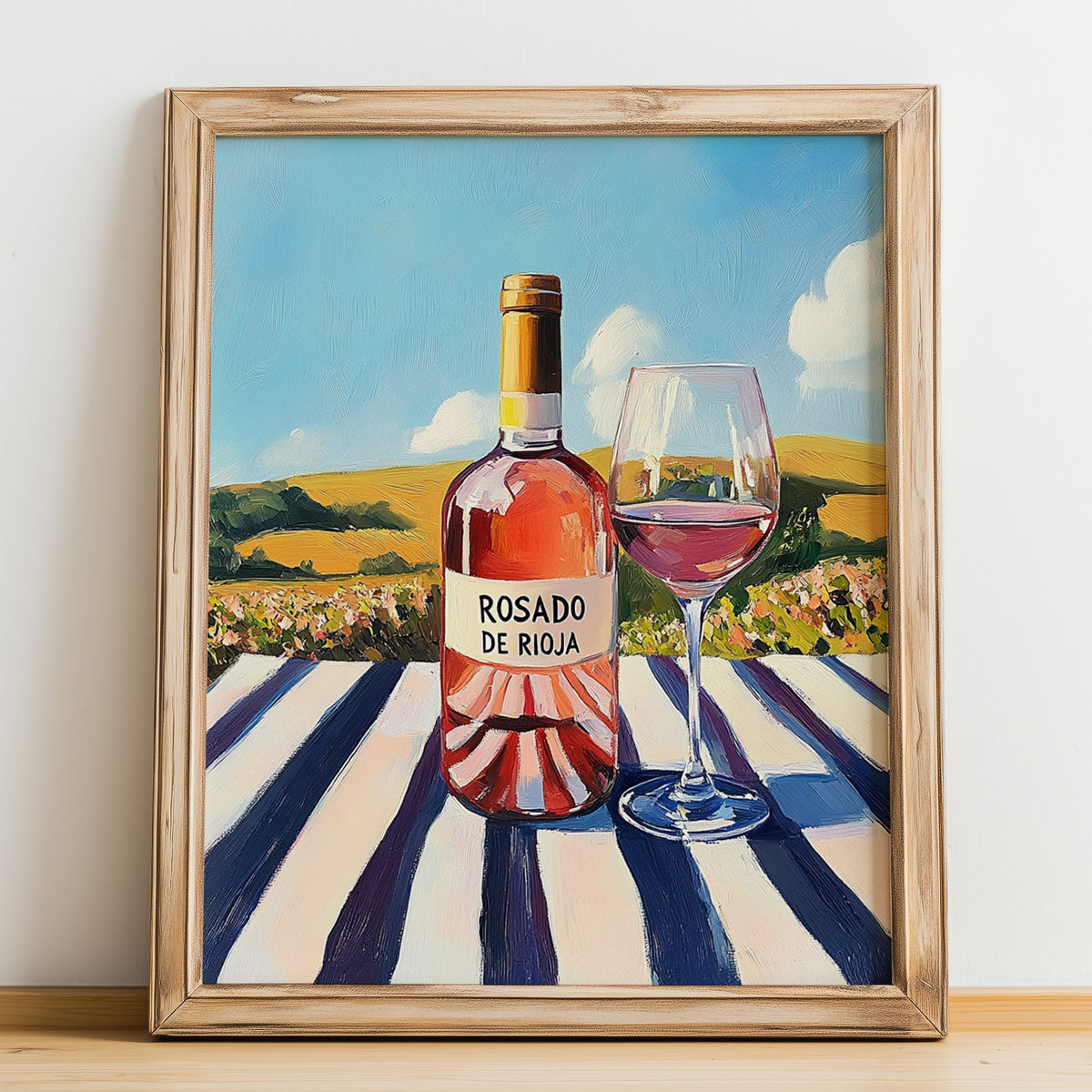 Rosado de Rioja – Spanish Rose Wine, Wine Bar Poster, no-text version framed in wood