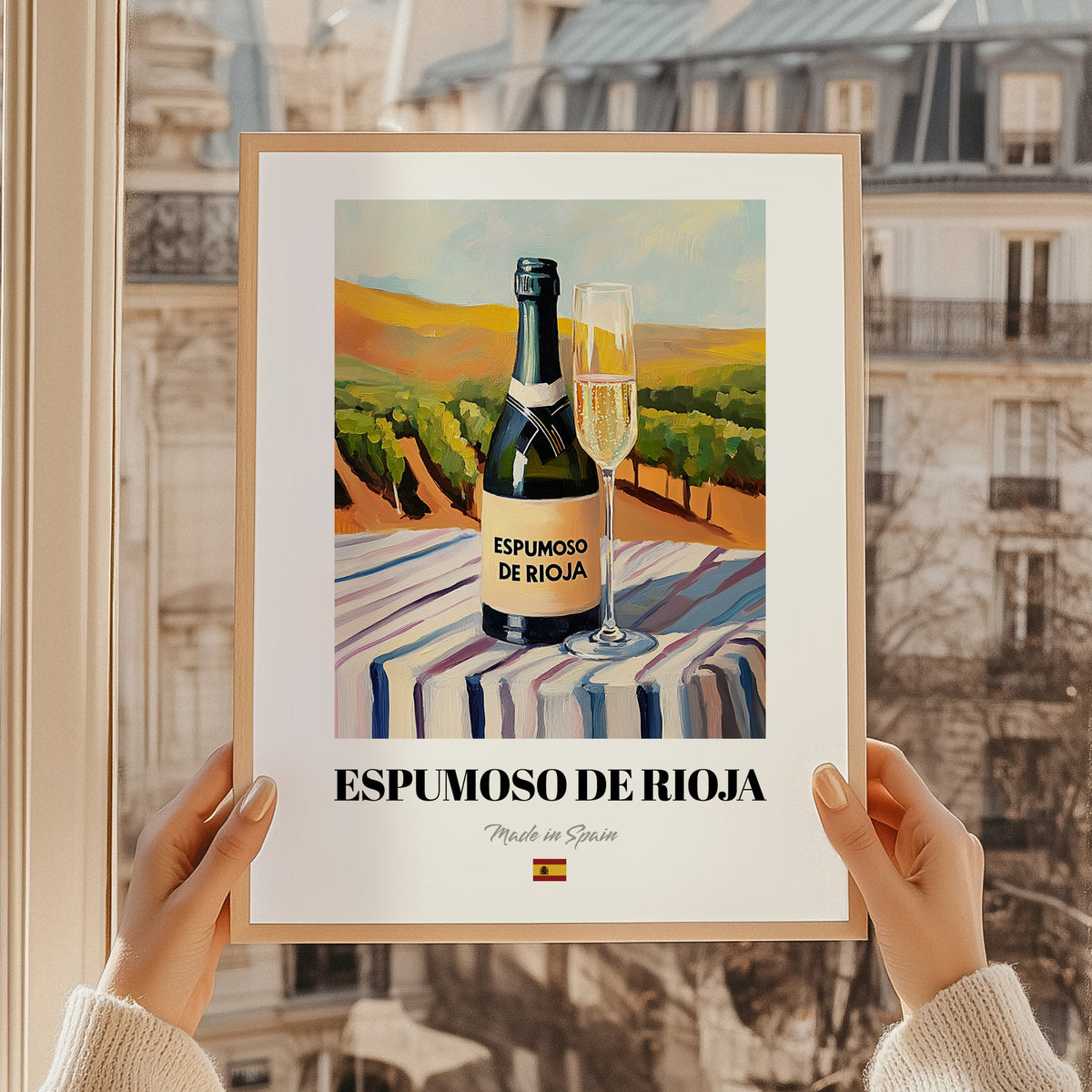 Espumoso de Rioja – Spanish Sparkling Wine, Vinoteca Illustration, styled in a charming Paris street view