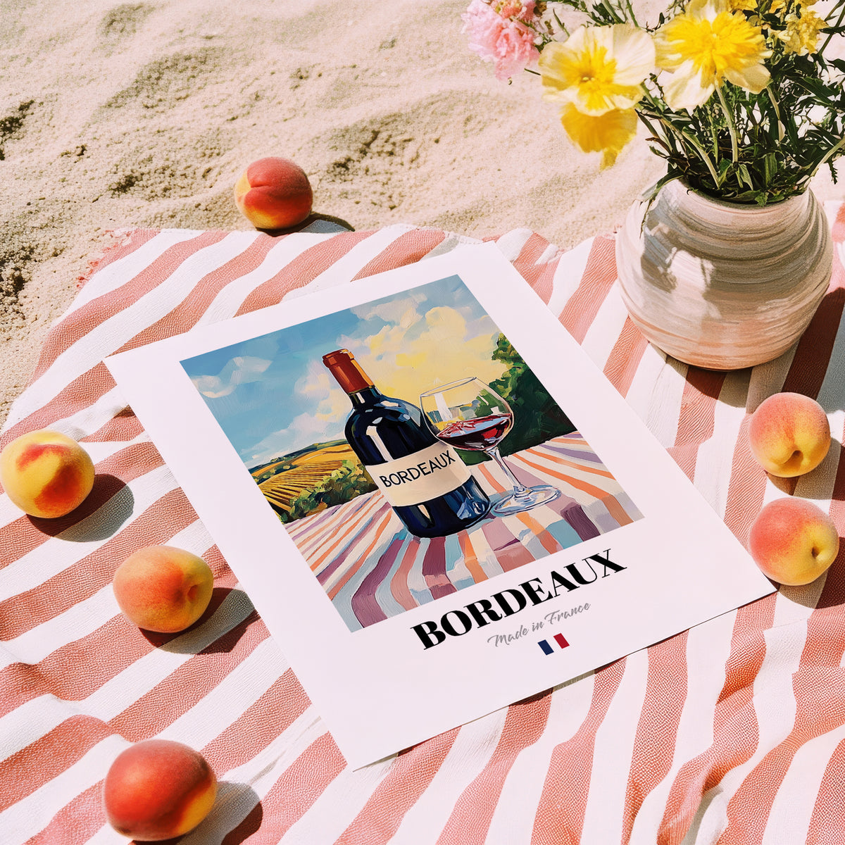 Bordeaux – French Red Wine, Wine Bar Poster, unframed on coastal sand