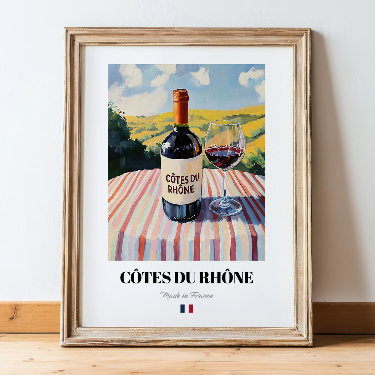 Côtes du Rhône – French Red Wine, Vinoteca Poster, in wooden frame leaning on the floor