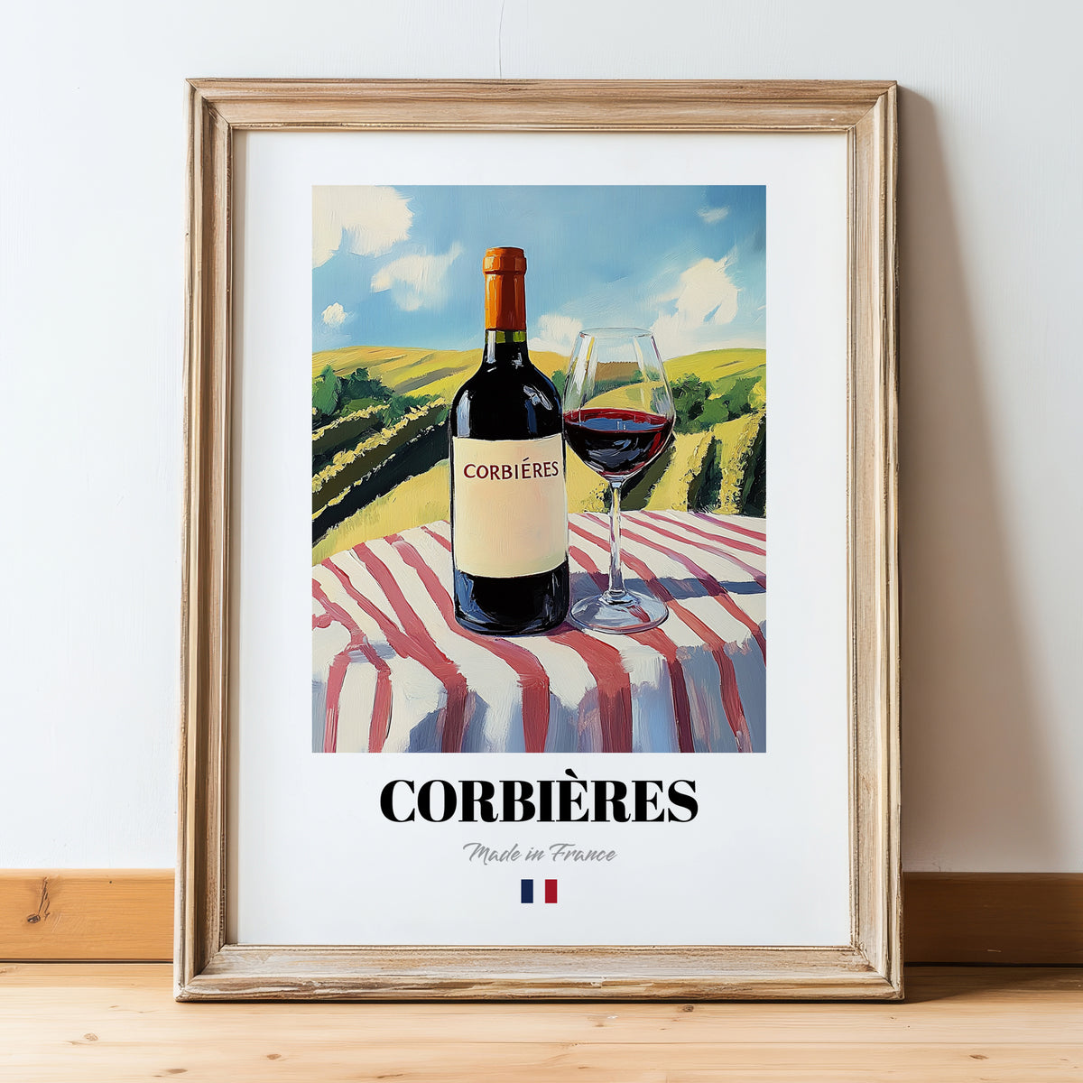 Corbières – French Red Wine, Wine Bar Print, in wooden frame leaning on the floor