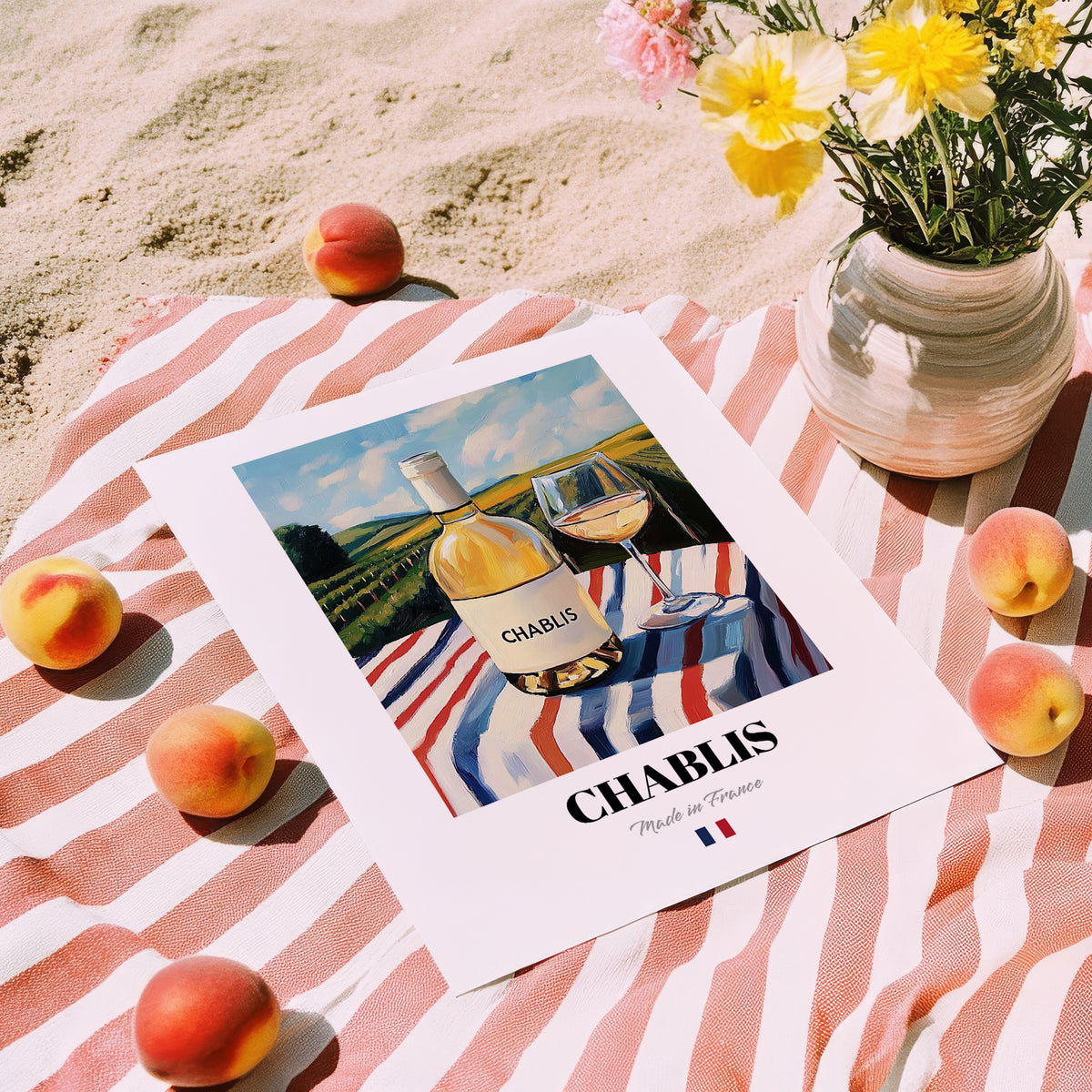 Chablis – French White Wine, Wine Bar Art, unframed on coastal sand