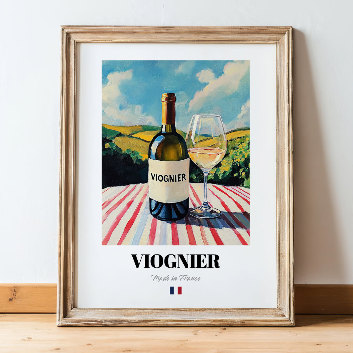 Viognier – French White Wine, Vinoteca Wall Art, in wooden frame leaning on the floor