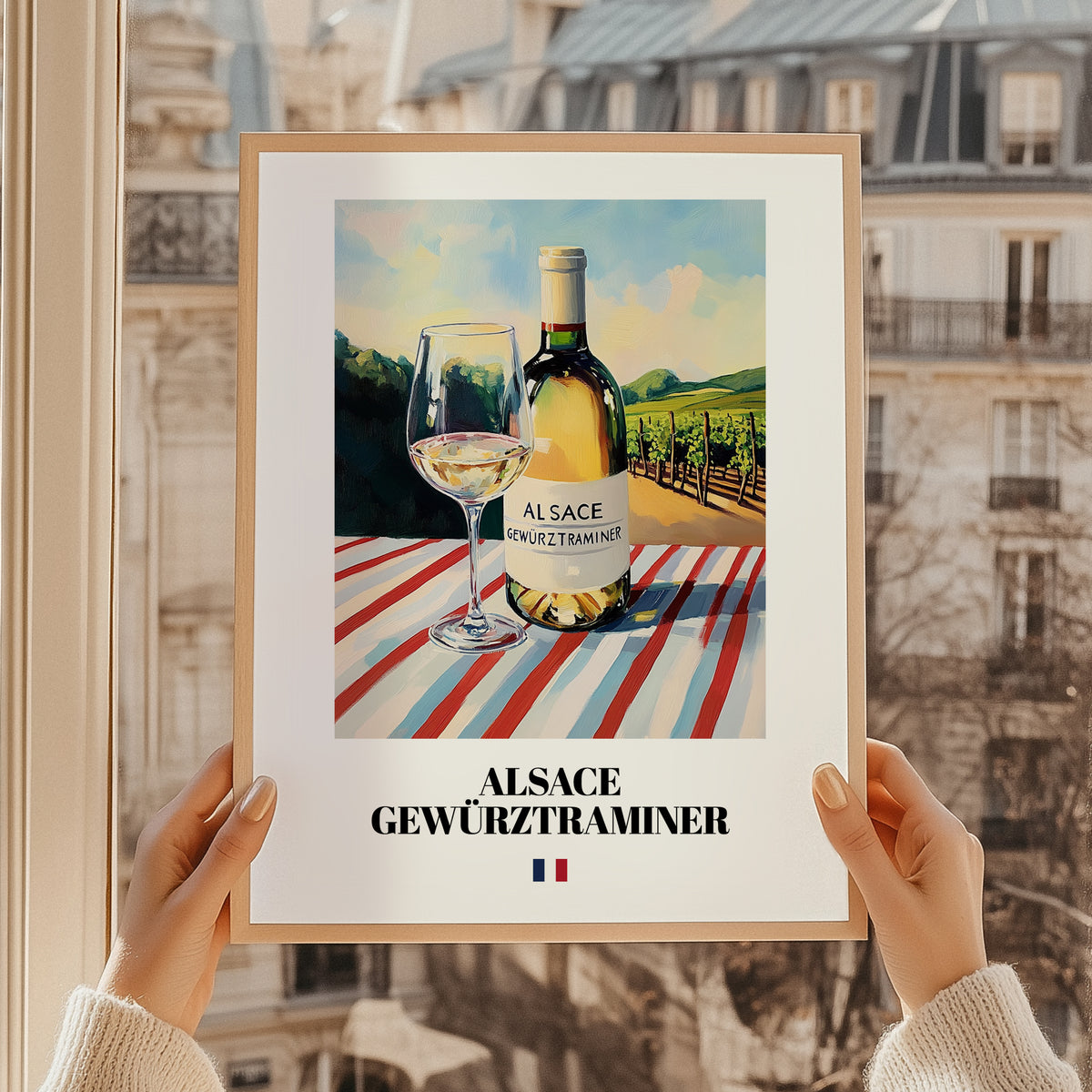 Alsace Gewürztraminer – French White Wine, Tasting Room Print, styled in a charming Paris street view