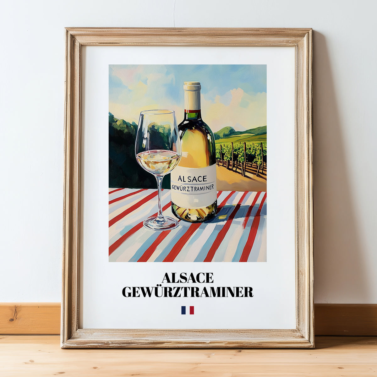 Alsace Gewürztraminer – French White Wine, Tasting Room Print, in wooden frame leaning on the floor