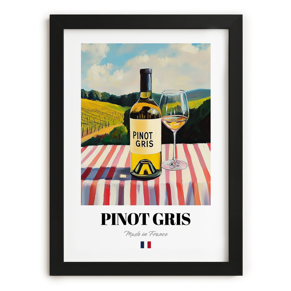 Pinot Gris – French White Wine, Bodega Poster, in sleek black frame