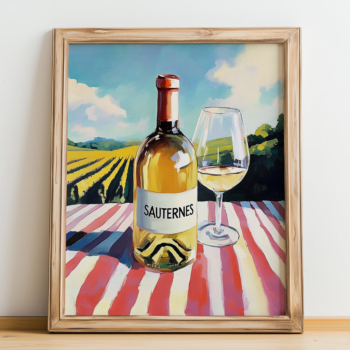 Sauternes – French White Wine, Vineyard Terrace Poster, no-text version framed in wood