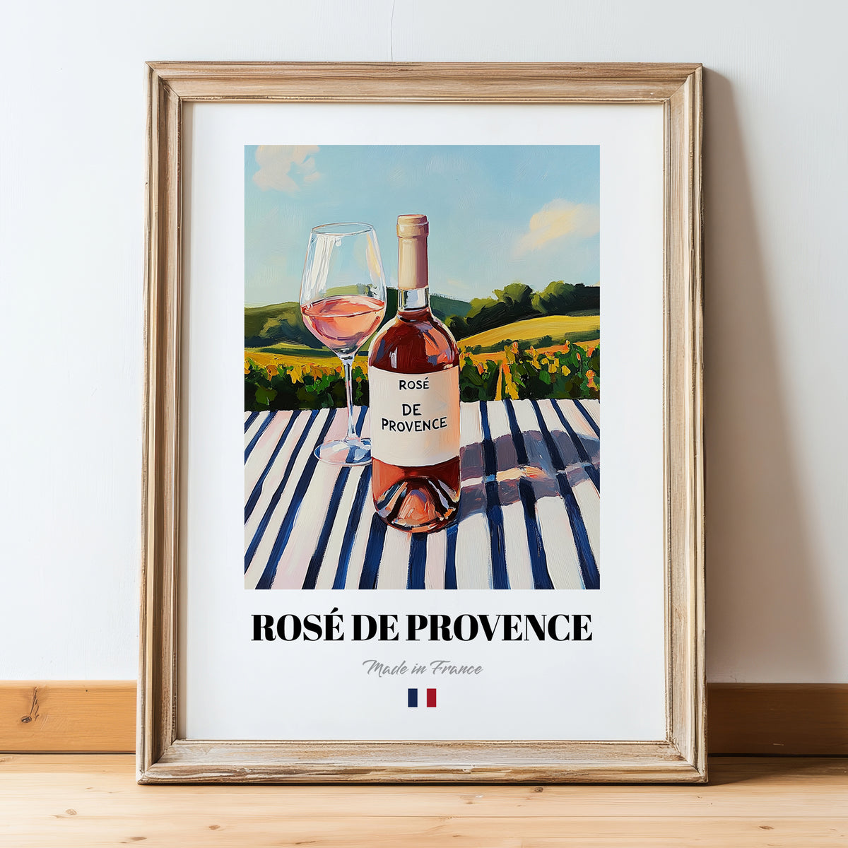 Rosé de Provence – French Rose Wine, Wine Bar Wall Art, in wooden frame leaning on the floor