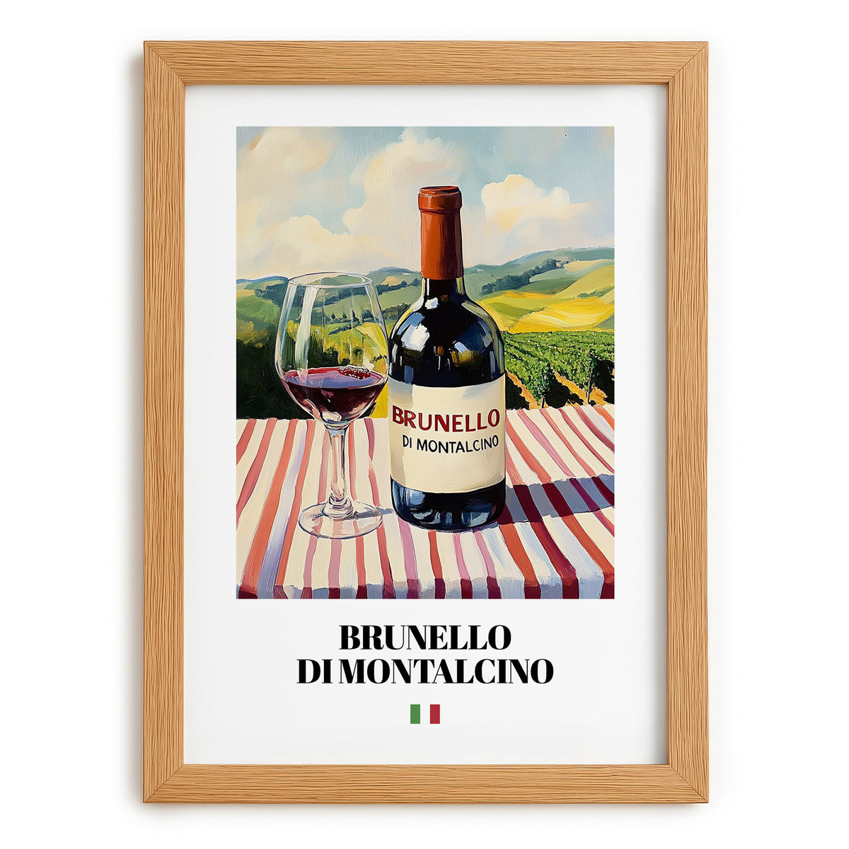 Brunello di Montalcino – Italian Red Wine, Vineyard Terrace Still Life, set in oak frame