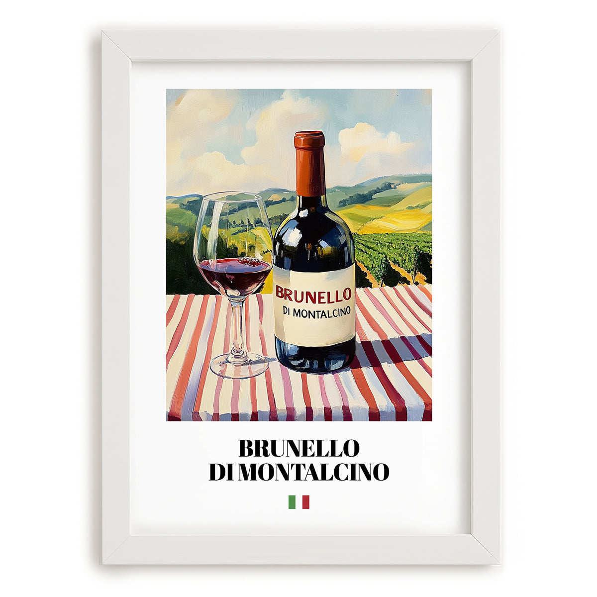 Brunello di Montalcino – Italian Red Wine, Vineyard Terrace Still Life, placed in minimal white frame