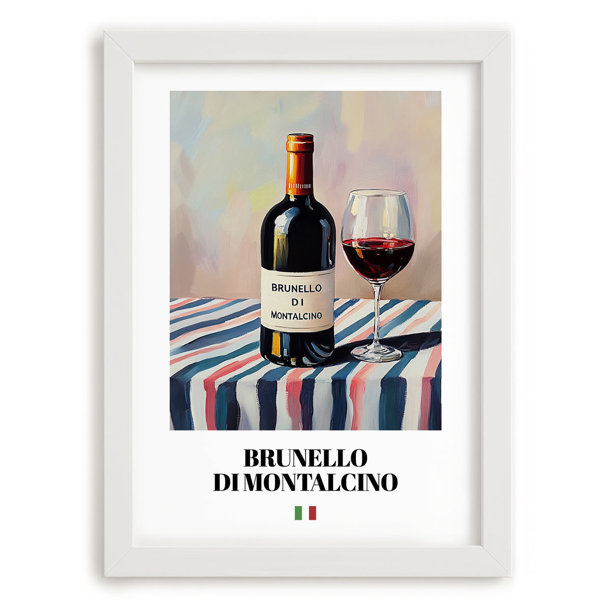 Brunello di Montalcino – Italian Red Wine, Vineyard Terrace Print, placed in minimal white frame